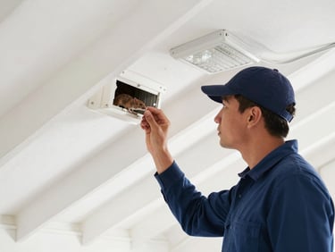 Pest control technician in an attic space, focused on an access point, checking for rodent activity, crisp utility lighting, high-contrast.
