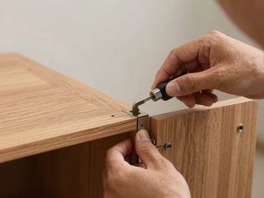 Close-up of a mover's hands using professional tools to carefully unscrew and dismantle a complex wooden cabinet joint