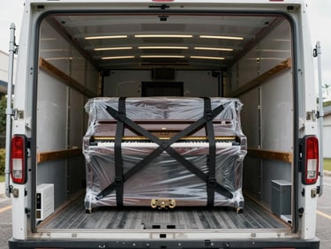 Movers loading a spotless, fully enclosed moving truck, securing a wrapped piano with heavy-duty cargo straps inside the clean cargo hold