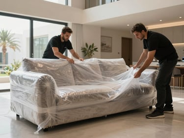 Movers wrapping a large luxury sofa in thick double-ply protective bubble wrap inside a spacious Abu Dhabi villa