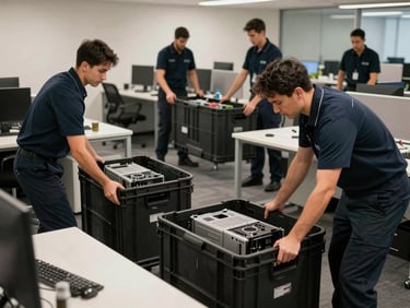 A team of professional movers in dark navy uniforms systematically dismantling office desks and packing IT equipment in heavy-duty crates