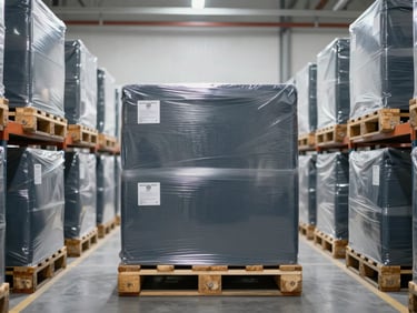 Interior shot of a secure high-capacity distribution warehouse, close-up of sealed cargo pallets with security tags, cool crisp daylight, 35mm lens.