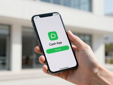 Close-up of a hand holding a smartphone displaying a Cash App payment screen, with a secure transaction confirmation, under crisp modern lighting.