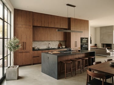 Wide angle of a high-end modern kitchen installation, warm walnut grain-matched cabinetry, seamless alignments, natural side-lighting