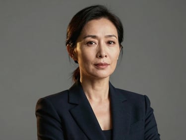 Professional studio-lit headshot of a mature female consultant in a tailored blazer, confident expression, neutral grey background, dramatic cinematic lighting