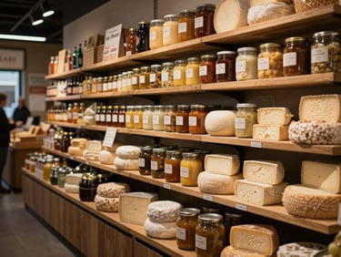 Wide environmental shot of a modern artisanal food market, shelves filled with glass jars and fresh cheese, warm directional lighting.