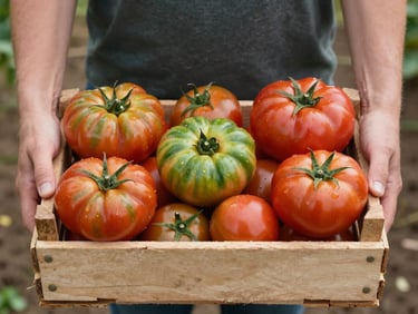 Hands holding a wooden crate full of freshly harvested organic heirloom tomatoes of various colors, soft natural daylight, soil visible.