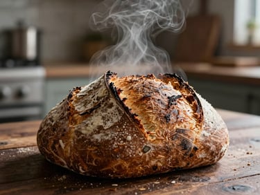 Extreme close-up of steam rising from freshly baked sourdough bread on a dark wooden table, soft side-lighting, rustic kitchen background.