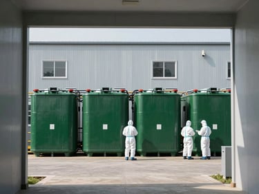 Industrial facility, specialized hazardous waste containers in a secure area, professional team in PPE, bright natural light, deep green and soft grey tones, sharp focus, architectural framing