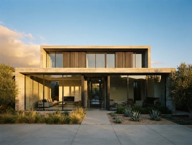 Wide-angle straight-on elevation of a custom concrete and glass modernist residence at golden hour, sharp shadows, natural light, minimalist landscaping, editorial architectural photography, 35mm lens
