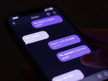 Close-up of a smartphone screen displaying a sleek, dark-mode chat interface with neon lilac message bubbles, hands partially visible typing, low-light environment.
