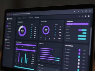 High-fidelity UI mockup of a clean, dark-mode dashboard for a business analytics tool, showing data streams and custom metrics, neon lilac accents, sharp focus.
