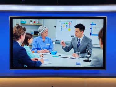 Crisp screen showing an educational science broadcast with professional studio lighting, cool blue and amber tones, 16:9 aspect