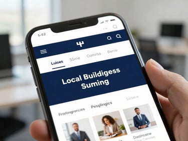 Close-up of a smartphone screen displaying a pixel-perfect local business landing page under natural office light, 35mm lens