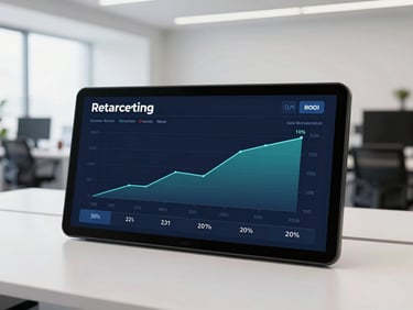 A crisp dashboard screen showing retargeting conversion metrics and positive ROI curves, clean modern office background