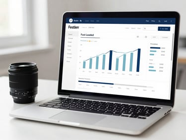 Crisp editorial screenshot of a modern analytics dashboard showing fast loading speed metrics on a clean white laptop, 35mm lens