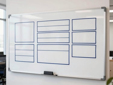 A clean, structured wireframe layout drawn on a whiteboard in a bright Mumbai agency office, natural daylight, 35mm lens