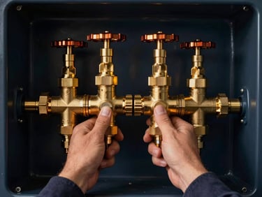 Professional technician's hands calibrating a high-end residential heating system, warm golden light reflecting on polished brass valves, dark navy background, symmetrical composition.