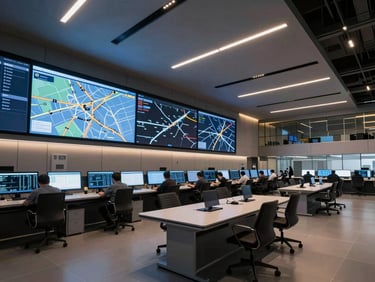 Wide-angle crisp architectural shot of a modern logistics control center with digital map screens displaying transit routes, cool blue and amber ambient lighting, professional editorial