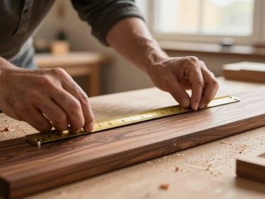 Close-up of a carpenter's hands measuring a rich walnut wood slab with a brass ruler, warm workshop lighting, wood shavings visible, shallow depth of field.