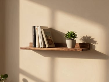 Minimalist floating wooden shelves mounted on a soft beige wall, holding books and a small plant, warm diffused light.