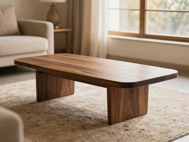 A low-profile modern walnut coffee table in a beautifully styled Pakistani home, soft natural light.