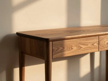 A close-up of a minimalist solid walnut console table in warm golden-hour light, showing the rich grain.