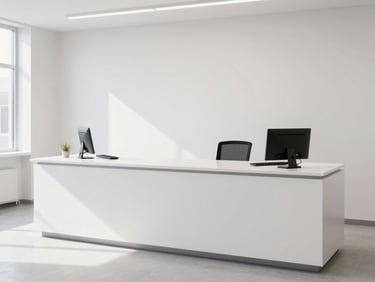 Clean modern office registration desk, friendly atmosphere, daylight, high-readability.