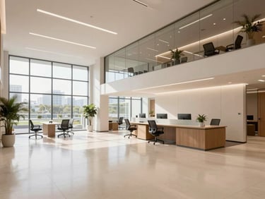 Clean editorial photography of a modern clean office lobby, warm professional tones, friendly atmosphere.