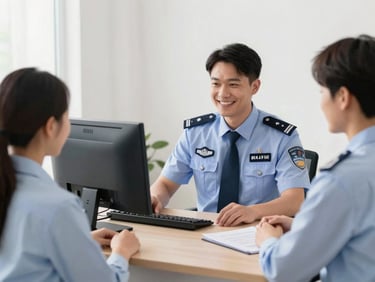 Clean editorial photo of a friendly officer serving a citizen at the desk, bright natural daylight, authentic interaction.