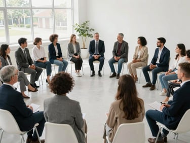 Clean editorial photo of a community religious dialogue, diverse participants sitting in a bright airy room, natural lighting.