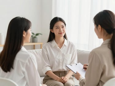 Natural photo of a young couple receiving marriage advice from a counselor in a bright room, respectful and warm.