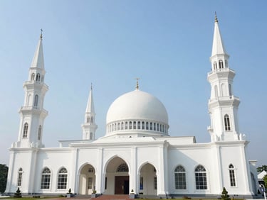 A clean modern mosque and church side by side in Semarang, bright blue sky, respectful framing.