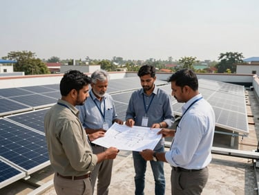 Wide shot of regional business owners reviewing blueprints on-site at a commercial rooftop solar installation in India, bright natural daylight.