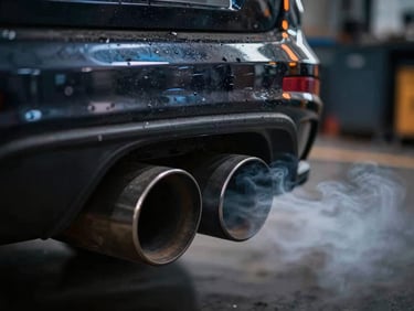 Close-up of dark exhaust smoke billowing from a car's tailpipe, moody industrial lighting, high contrast, blue and orange reflections.