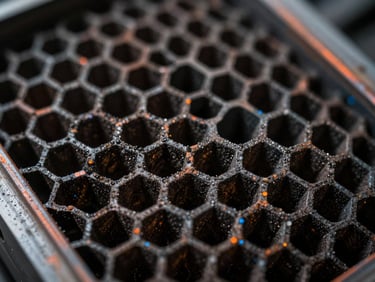 Macro shot of a clogged diesel particulate filter honeycomb structure, dark and gritty, with hints of orange and blue light, high contrast.