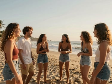 Candid group of young friends laughing on a sunny beach in Ixtapa, golden hour light, warm tones, wide shot.