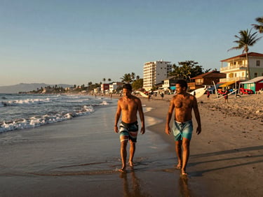 Surfers walking on Sayulita beach at sunset, vibrant coastal town vibe, warm direct-flash style photography.