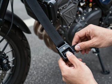 Close-up of a motorcycle's frame rail with a nylon tie-down strap threaded through the correct lift point, overcast daylight, hands adjusting the ratchet buckle, asphalt surface visible below