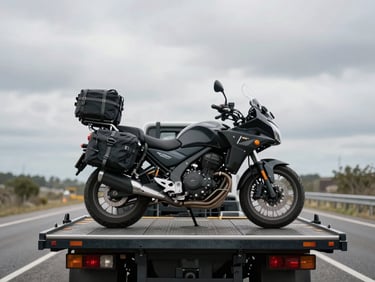 Wide shot of a motorcycle fully strapped and secured on a flatbed carrier, viewed from the rear quarter, overcast sky, open road ahead, no riders or staff visible, equipment detail prominent