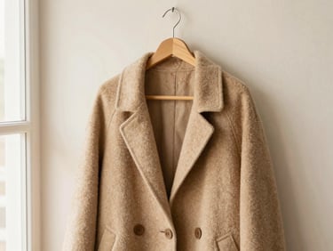 A warm wool coat hanging on a wooden hanger against a soft cream wall, natural window light, realistic texture