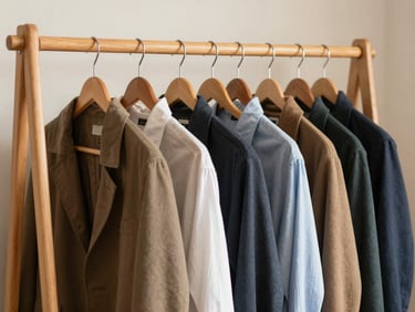 A neatly organized wooden clothing rack with a few curated jackets and shirts hanging on wooden hangers, warm lighting