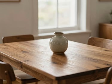 A cozy wooden dining table with a ceramic vase on top, natural window light, warm domestic setting