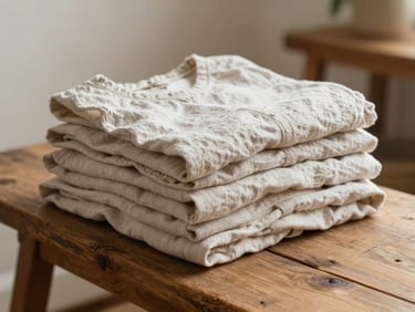 A neatly folded stack of linen clothing on a rustic wooden bench, warm daylight