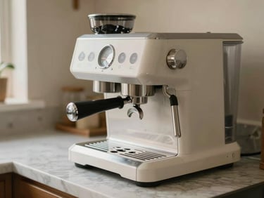 A clean modern espresso machine on a marble kitchen countertop, soft side lighting, realistic textures