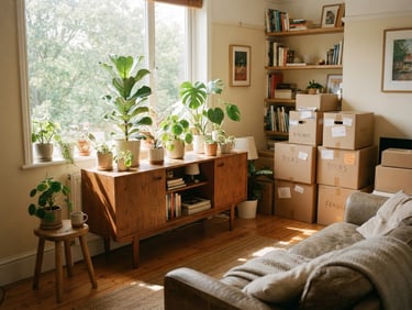Warm lifestyle photo of a sunlit living room with plants, a wooden sideboard, and packed cardboard boxes in the background, soft natural daylight, 35mm lens