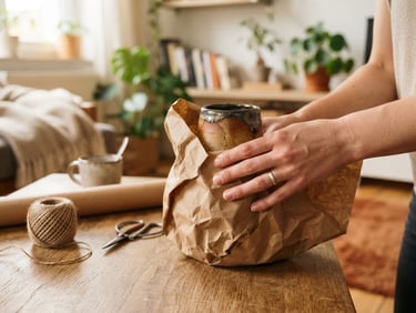 Hands carefully wrapping a ceramic vase in brown paper, soft natural indoor daylight, cozy domestic setting, realistic textures, 35mm lens