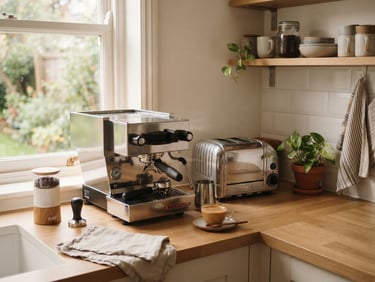 A clean kitchen counter with a modern espresso machine and a stainless steel toaster, soft natural morning light coming from a window, realistic domestic setting