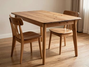 A beautifully crafted solid wood dining table with two chairs, warm daylight casting soft shadows on a polished wooden floor