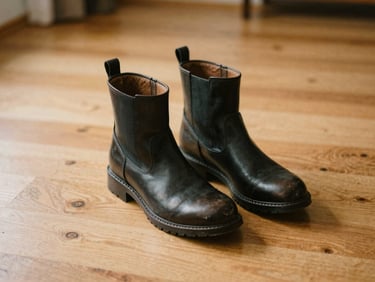 A pair of clean leather boots placed neatly on a wooden floor next to a soft shadow, natural light